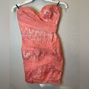 bebe Coral Strapless Lace Dress
